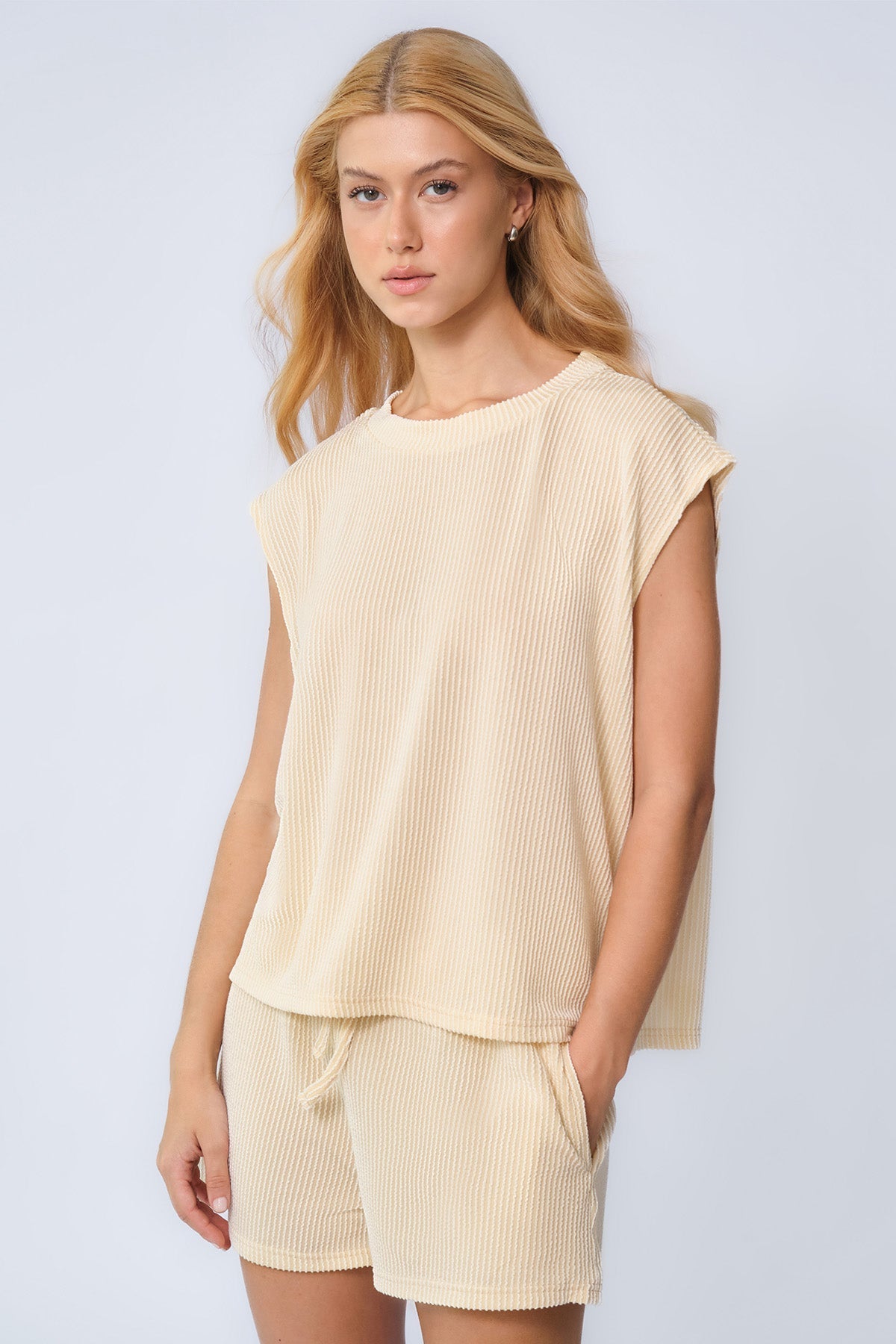 Pinstripe Cap Sleeve Loose Top & Drawstring Decor Shorts Co-ord