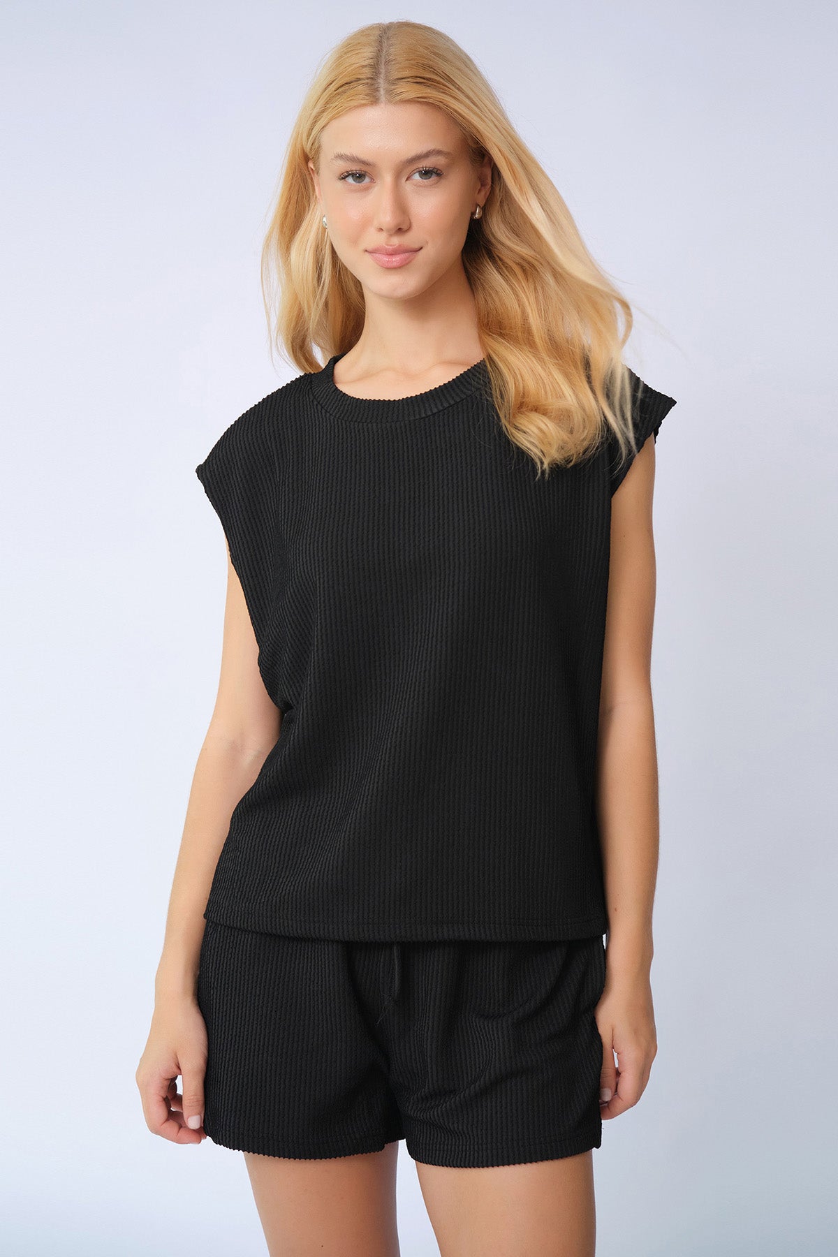 Pinstripe Cap Sleeve Loose Top & Drawstring Decor Shorts Co-ord