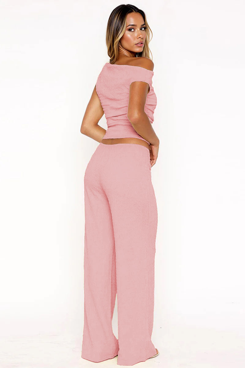 Solid Sloping-Shoulder Shirred Slim Top & Wide-Leg Trousers 2-Piece Co-ord Set