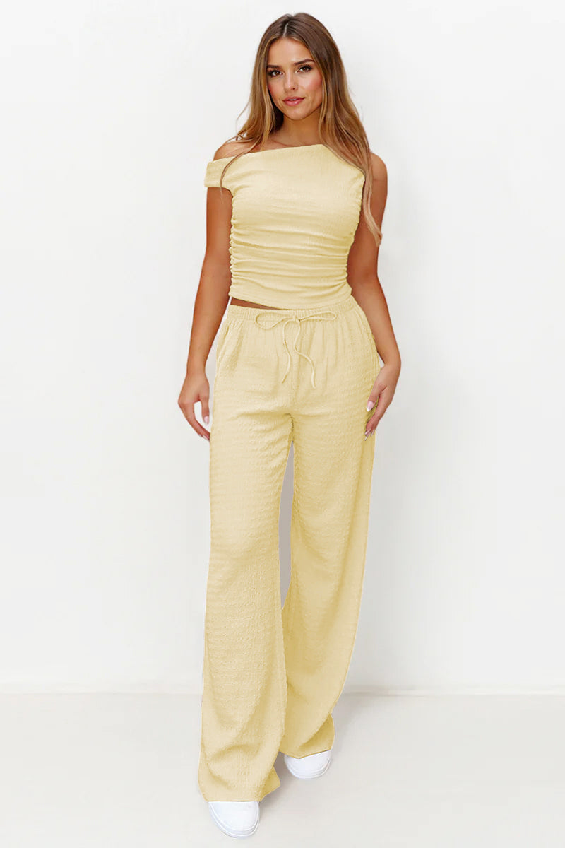 Solid Sloping-Shoulder Shirred Slim Top & Wide-Leg Trousers 2-Piece Co-ord Set
