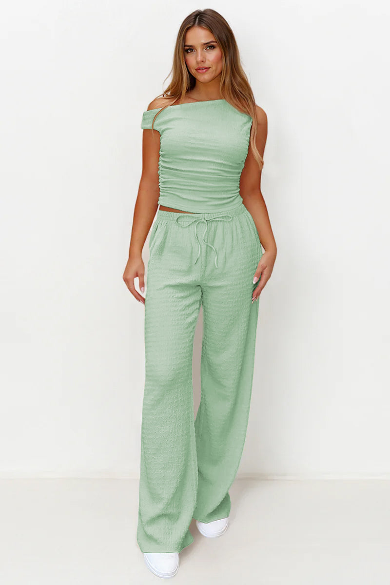 Solid Sloping-Shoulder Shirred Slim Top & Wide-Leg Trousers 2-Piece Co-ord Set