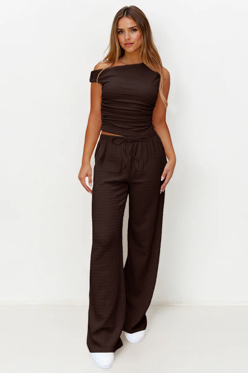 Solid Sloping-Shoulder Shirred Slim Top & Wide-Leg Trousers 2-Piece Co-ord Set