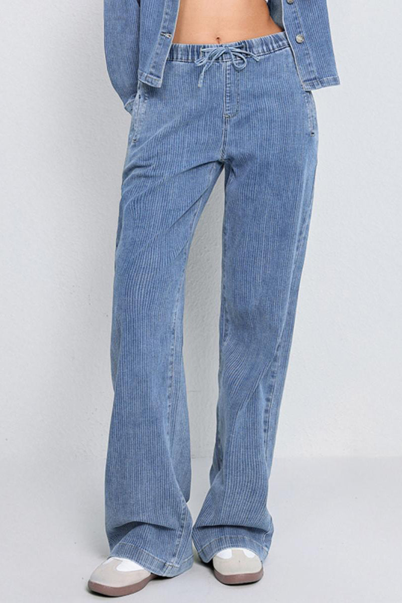 Casual Solid Color Long Sleeve Button Denim Jacket & Drawstring Waist Wide Leg Trousers Co-ord
