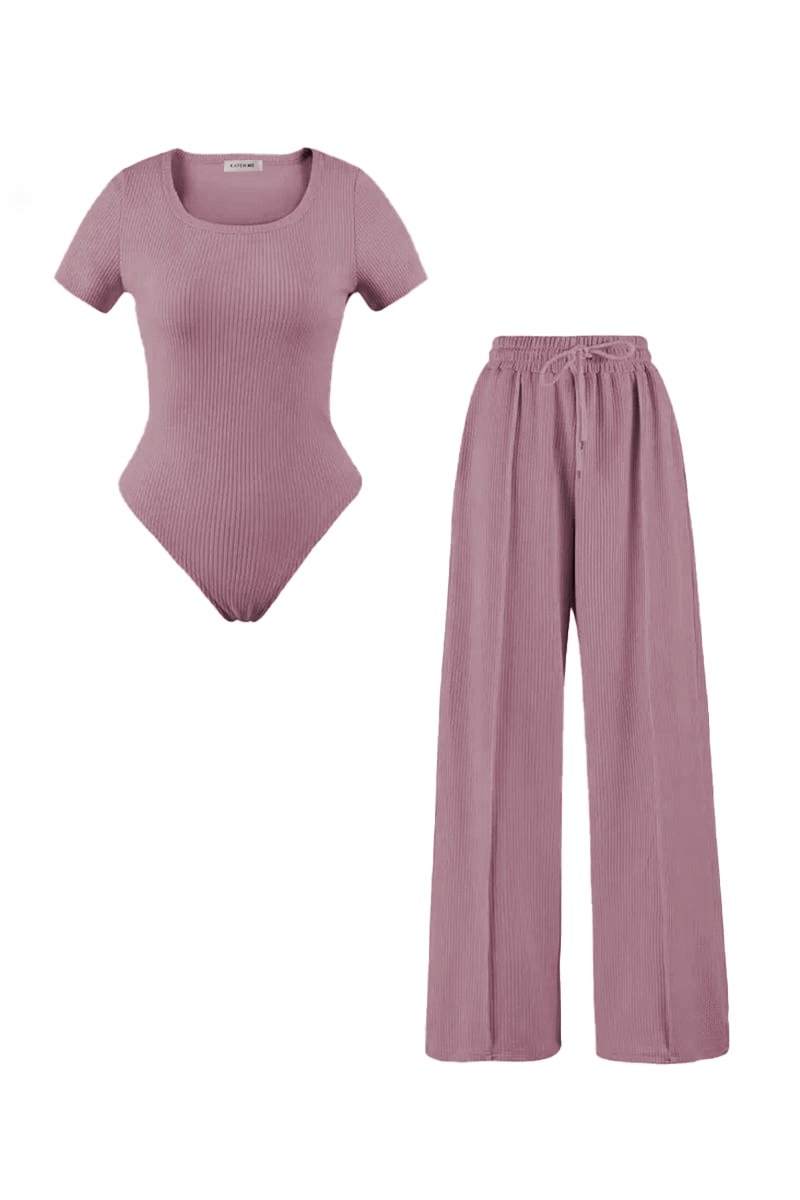 Trendy Square Neck Shaping Bodysuit & Wide Leg Trousers Co-ord
