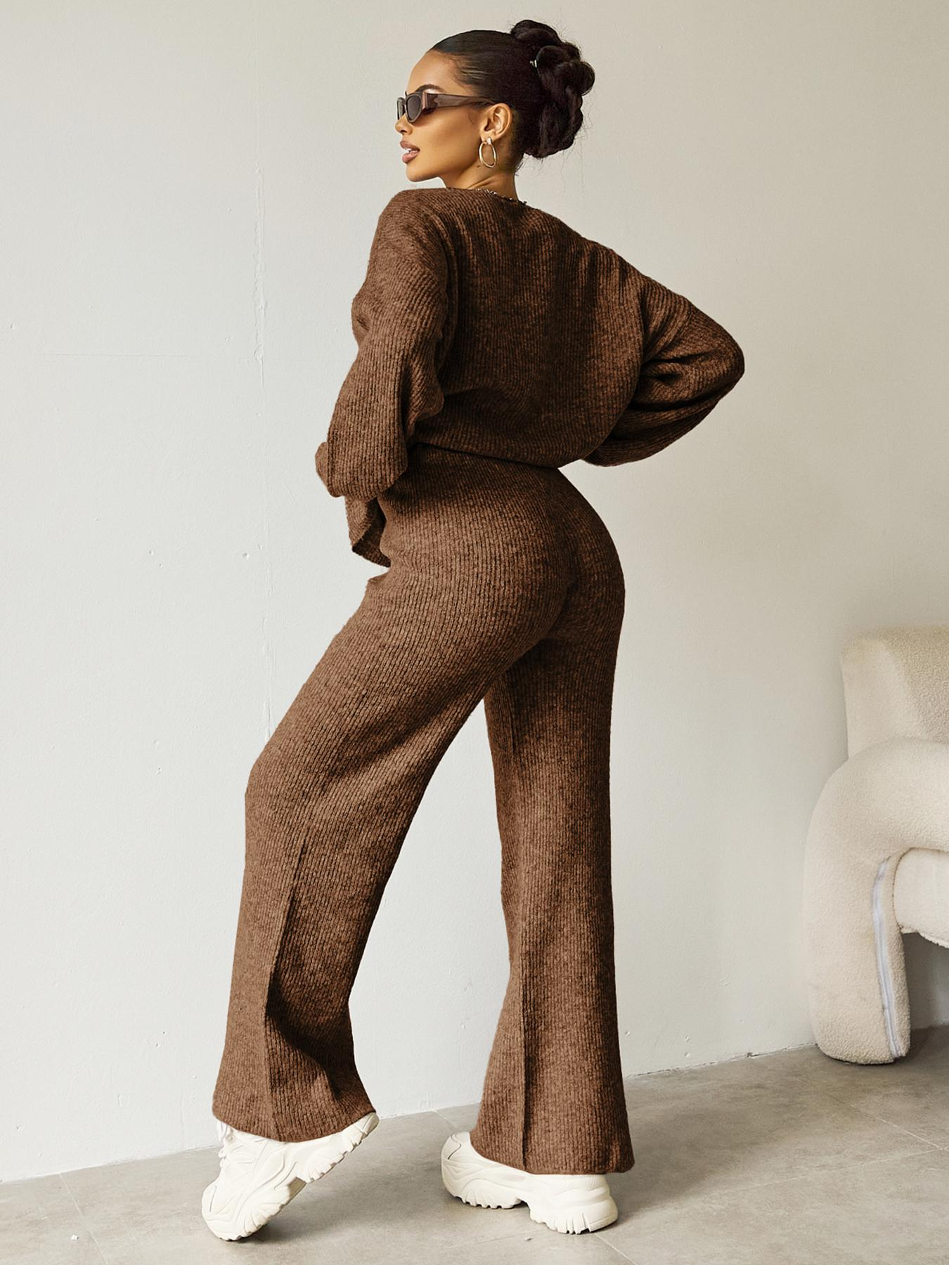 Women's Black Cozy Knit Scoop Neck Long Sleeve Loose Top & Stretch Trousers Co-ord