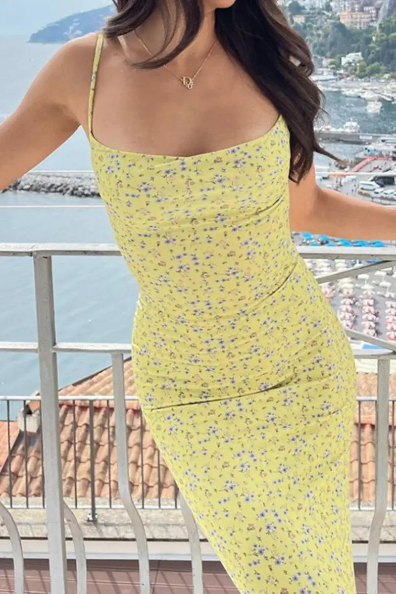 Leisure Floral Print Spaghetti Strap Backless Maxi Dress
