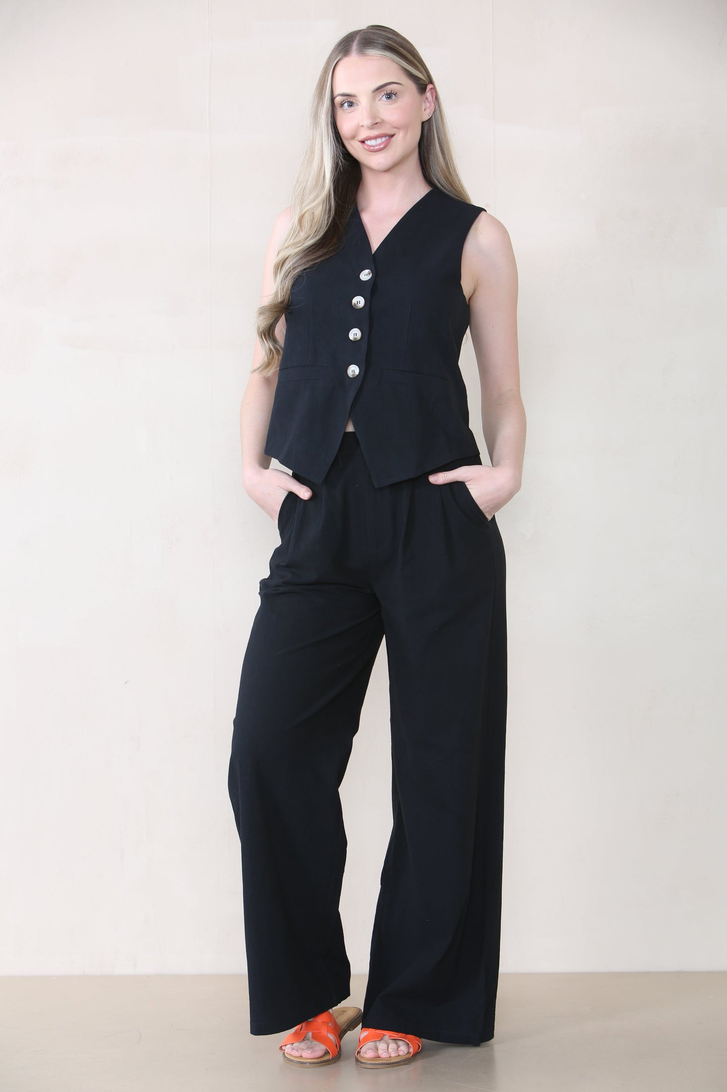 Commuter V Neck Sleeveless Button Top & Wide Leg Trousers Co-ord
