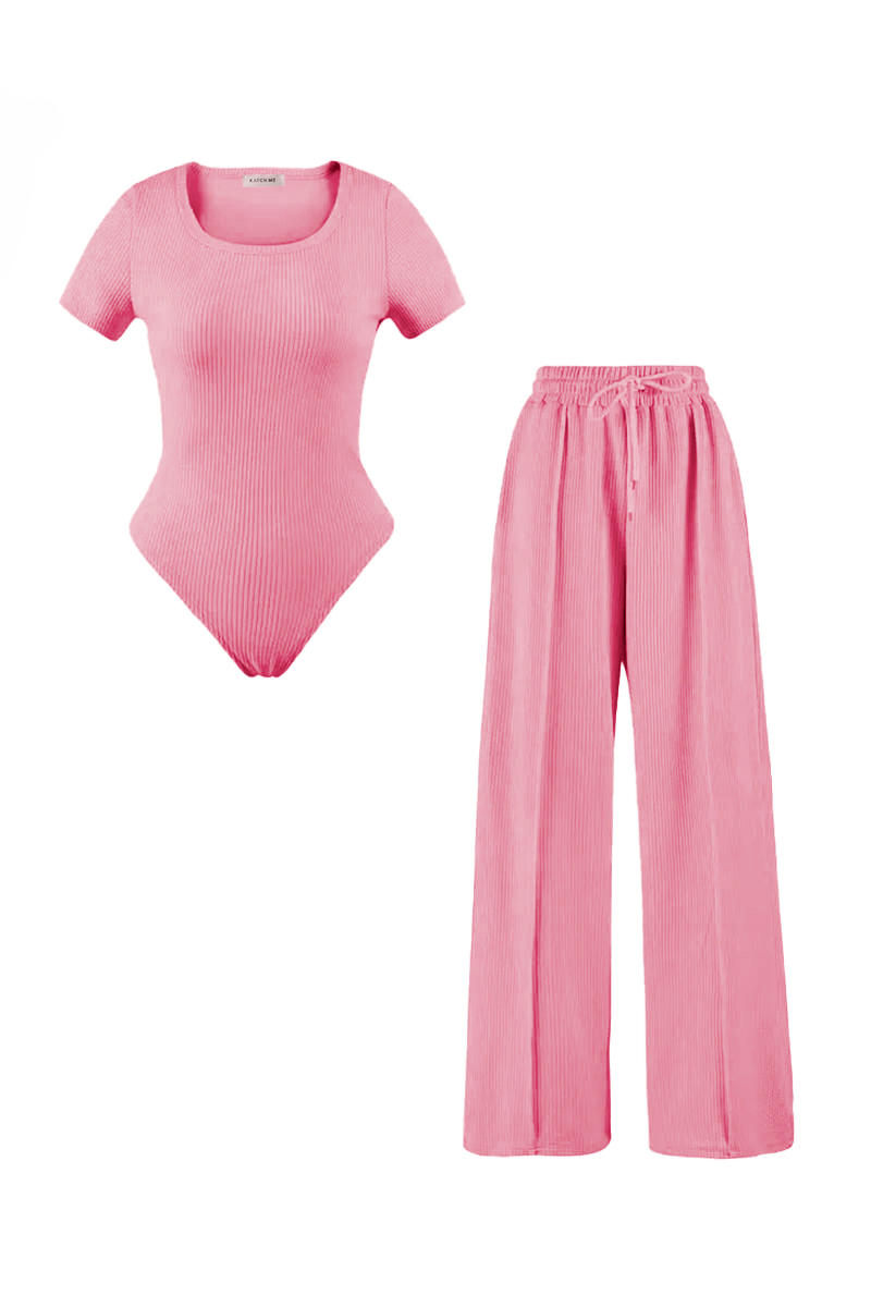 Trendy Square Neck Shaping Bodysuit & Wide Leg Trousers Co-ord