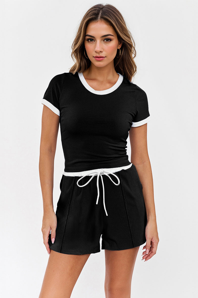 Casual Round Neck Contrast Trim Short Sleeve Top & Pocket Drawstring Waist Shorts Co-ord