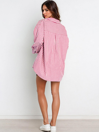 Casual Stripe Collared Button-Up Long Sleeve Shirt & Drawstring Waist Shorts Co-ord