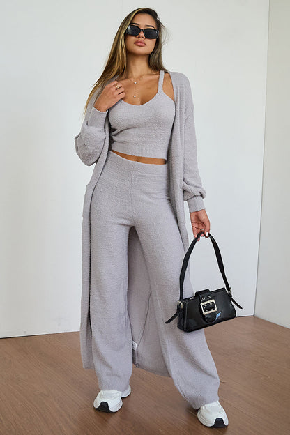 Cozy Fur Camisole & High Waist Trousers With Long Cardigan Three-Piece Set