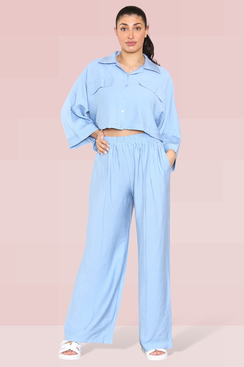 Versatile Long Sleeve Button Crop Shirt & Loose Trousers Co-ord