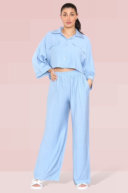 Versatile Long Sleeve Button Crop Shirt & Loose Trousers Co-ord