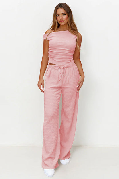 Solid Sloping-Shoulder Shirred Slim Top & Wide-Leg Trousers 2-Piece Co-ord Set