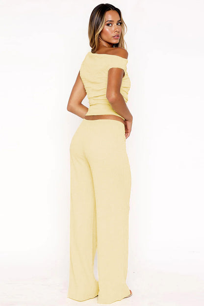 Solid Sloping-Shoulder Shirred Slim Top & Wide-Leg Trousers 2-Piece Co-ord Set