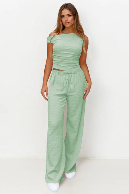 Solid Sloping-Shoulder Shirred Slim Top & Wide-Leg Trousers 2-Piece Co-ord Set