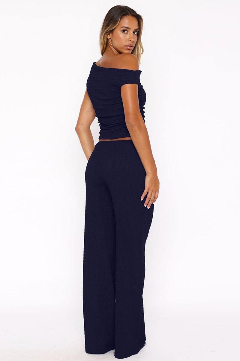 Solid Sloping-Shoulder Shirred Slim Top & Wide-Leg Trousers 2-Piece Co-ord Set
