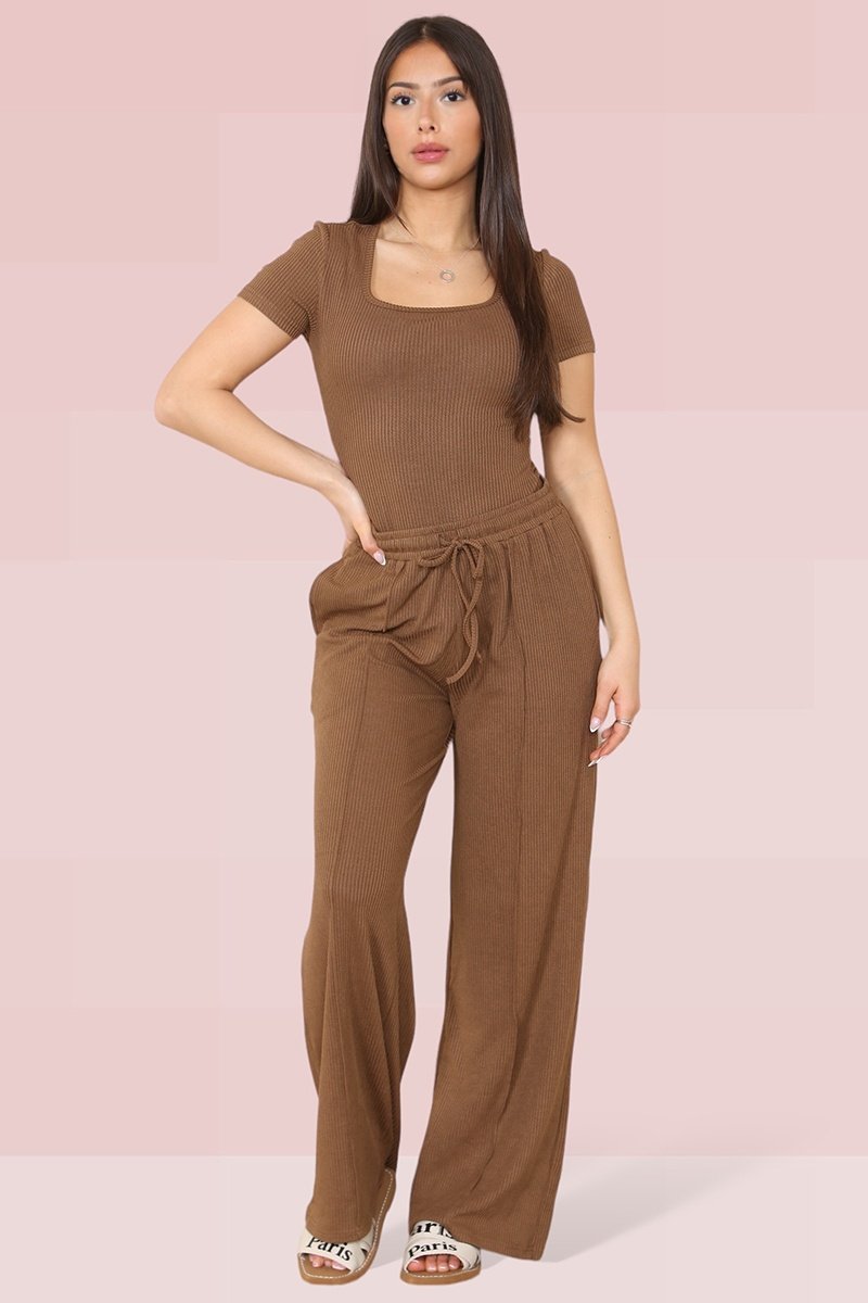 Trendy Square Neck Shaping Bodysuit & Wide Leg Trousers Co-ord