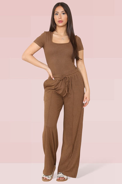 Trendy Square Neck Shaping Bodysuit & Wide Leg Trousers Co-ord