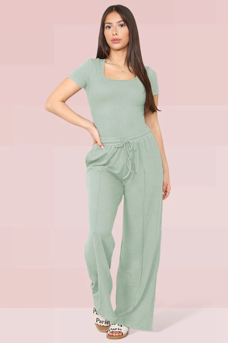 Trendy Square Neck Shaping Bodysuit & Wide Leg Trousers Co-ord