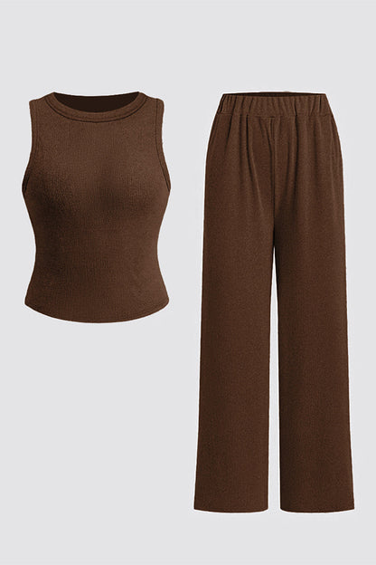 Solid Shelf-Bra Tank Top & Wide-Leg Trousers Summer Co-ord Set