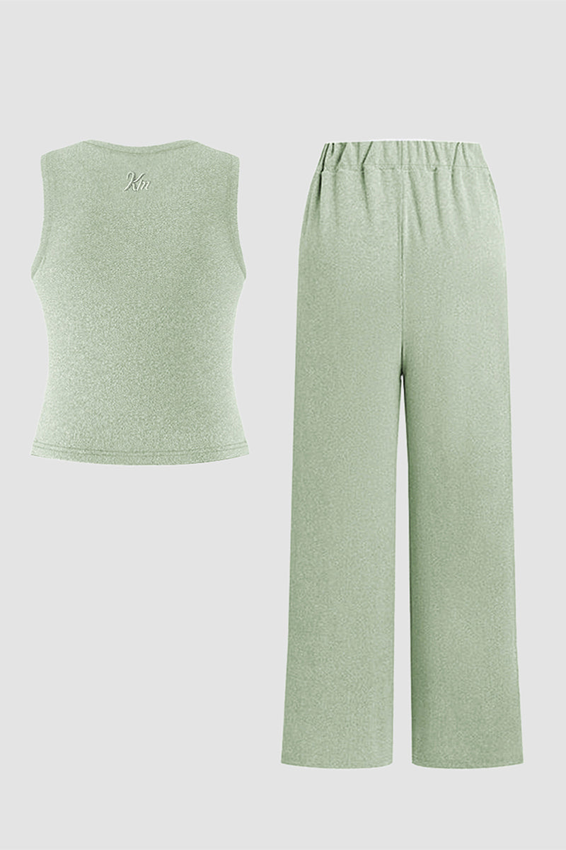Solid Shelf-Bra Tank Top & Wide-Leg Trousers Summer Co-ord Set
