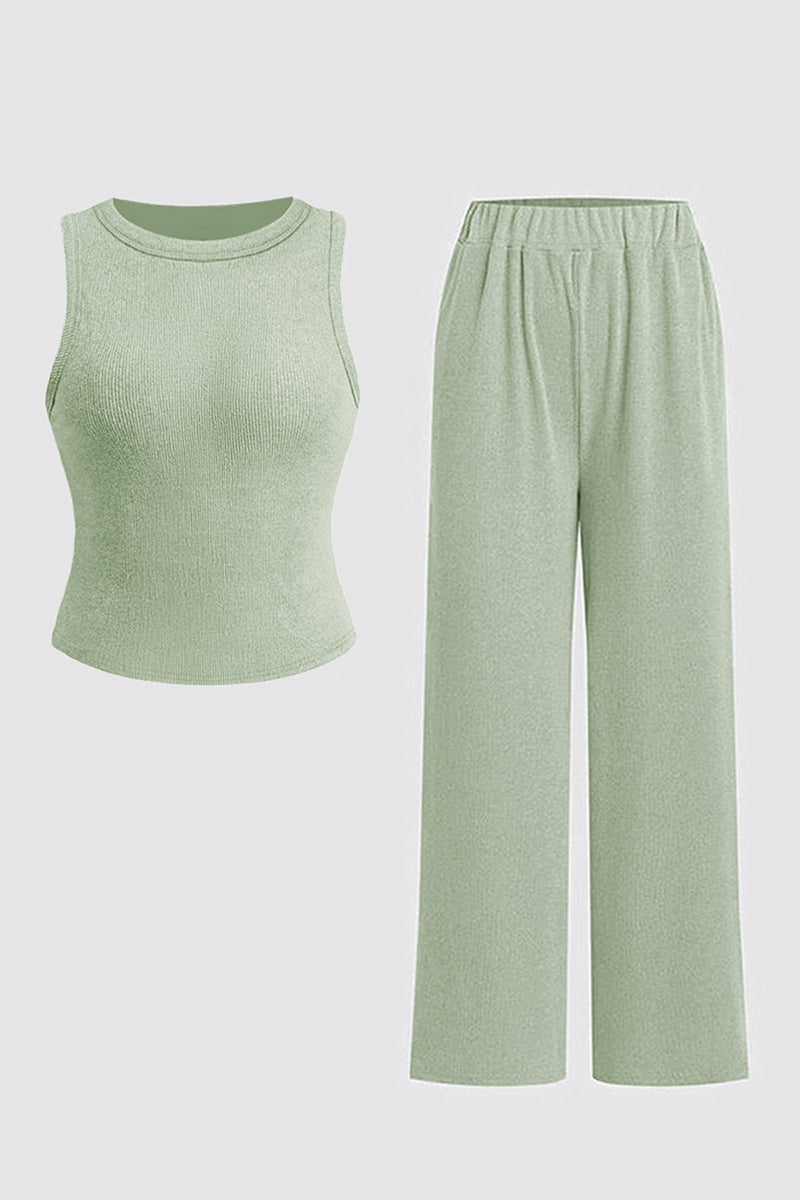 Solid Shelf-Bra Tank Top & Wide-Leg Trousers Summer Co-ord Set