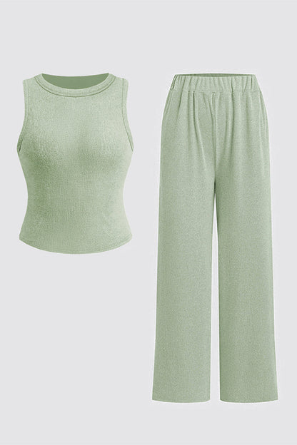 Solid Shelf-Bra Tank Top & Wide-Leg Trousers Summer Co-ord Set