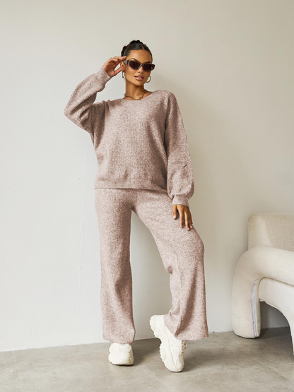 Women's Black Cozy Knit Scoop Neck Long Sleeve Loose Top & Stretch Trousers Co-ord