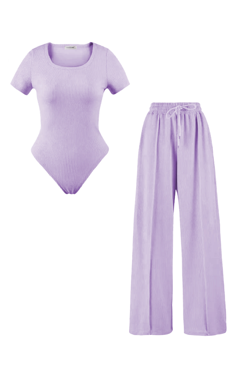 Trendy Square Neck Shaping Bodysuit & Wide Leg Trousers Co-ord