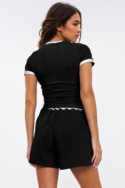 Casual Round Neck Contrast Trim Short Sleeve Top & Pocket Drawstring Waist Shorts Co-ord