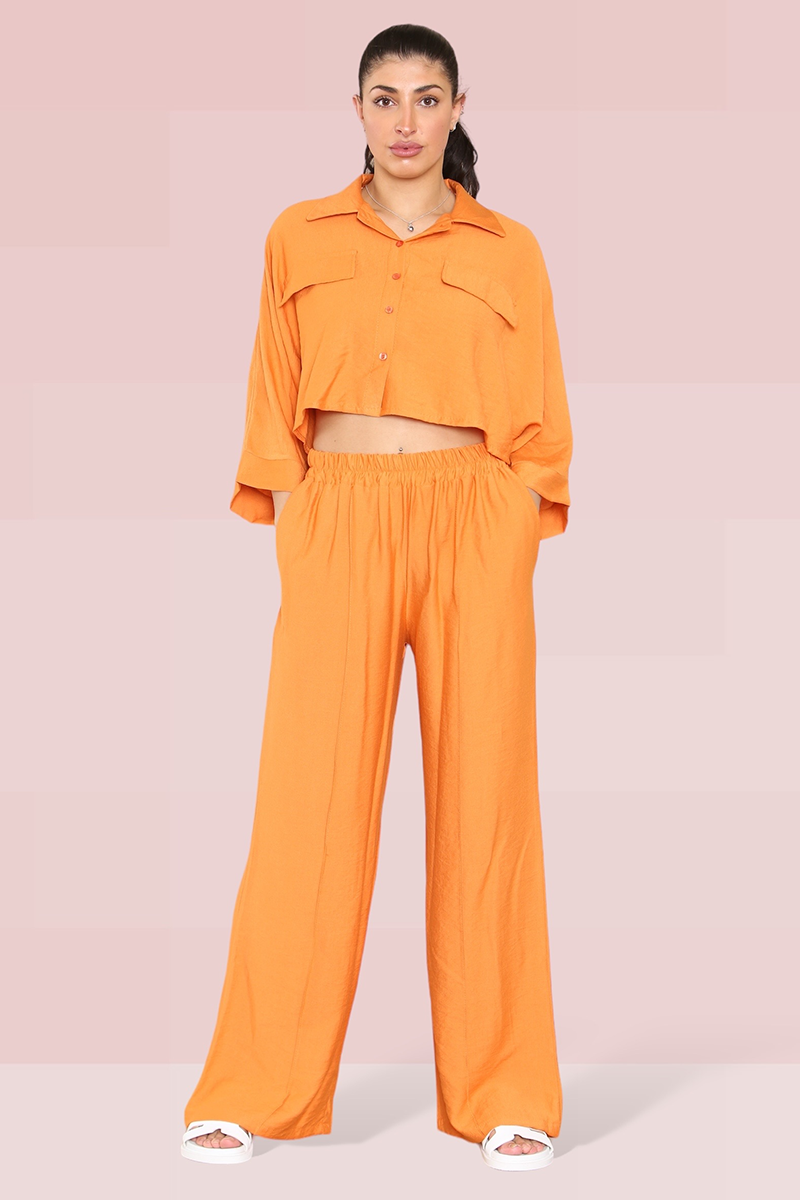 Versatile Long Sleeve Button Crop Shirt & Loose Trousers Co-ord