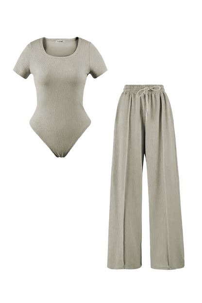 Trendy Square Neck Shaping Bodysuit & Wide Leg Trousers Co-ord
