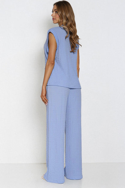 Versatile V Neck Gold-Toned Button Decor Loose Tank Top & Wide Leg Trousers Co-ord