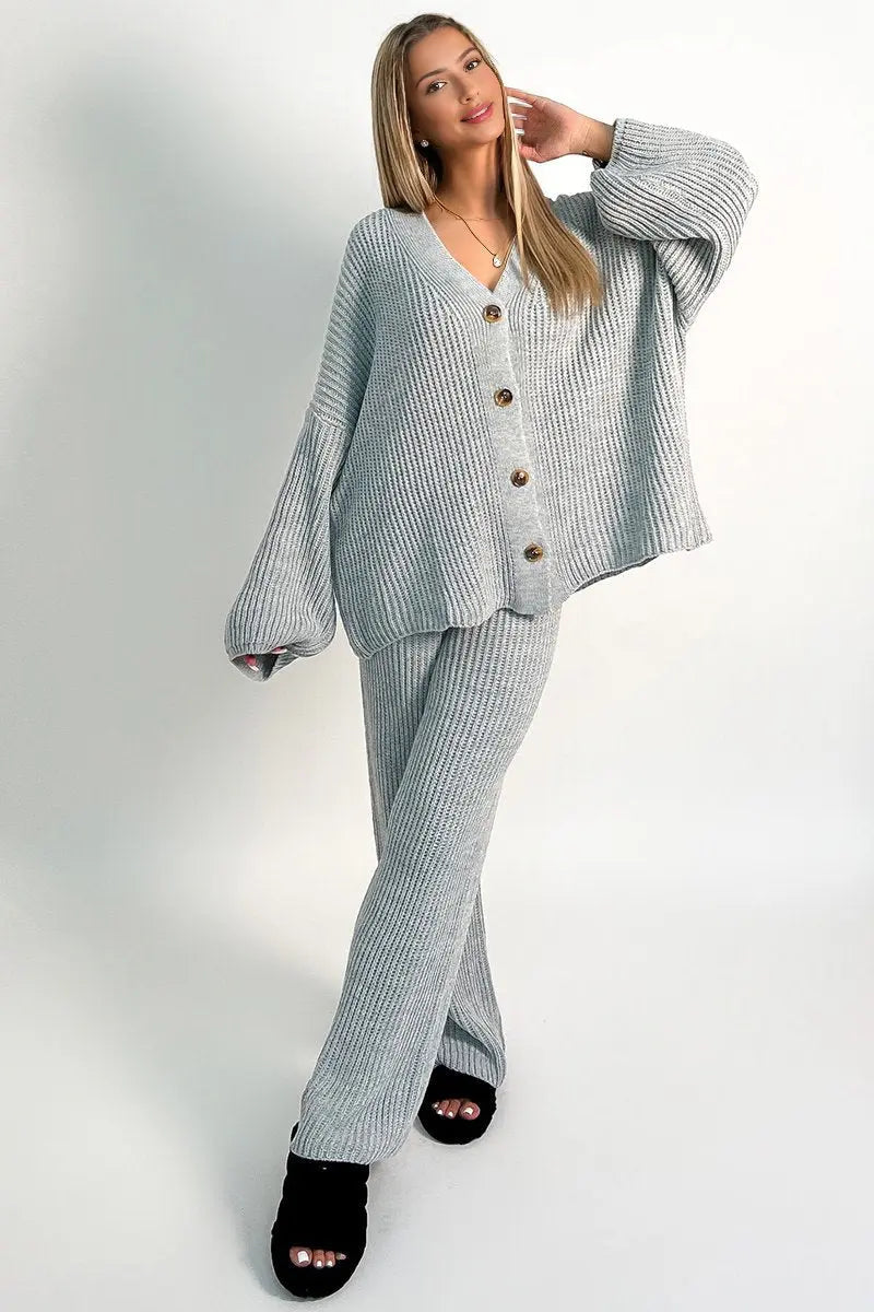 Casual Knit V Neck Cardigan & Loose Trousers Co-ord