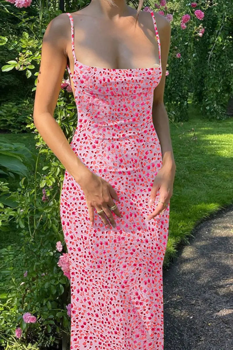 Breezy Floral Print Backless Spaghetti Strap Slinky Dress