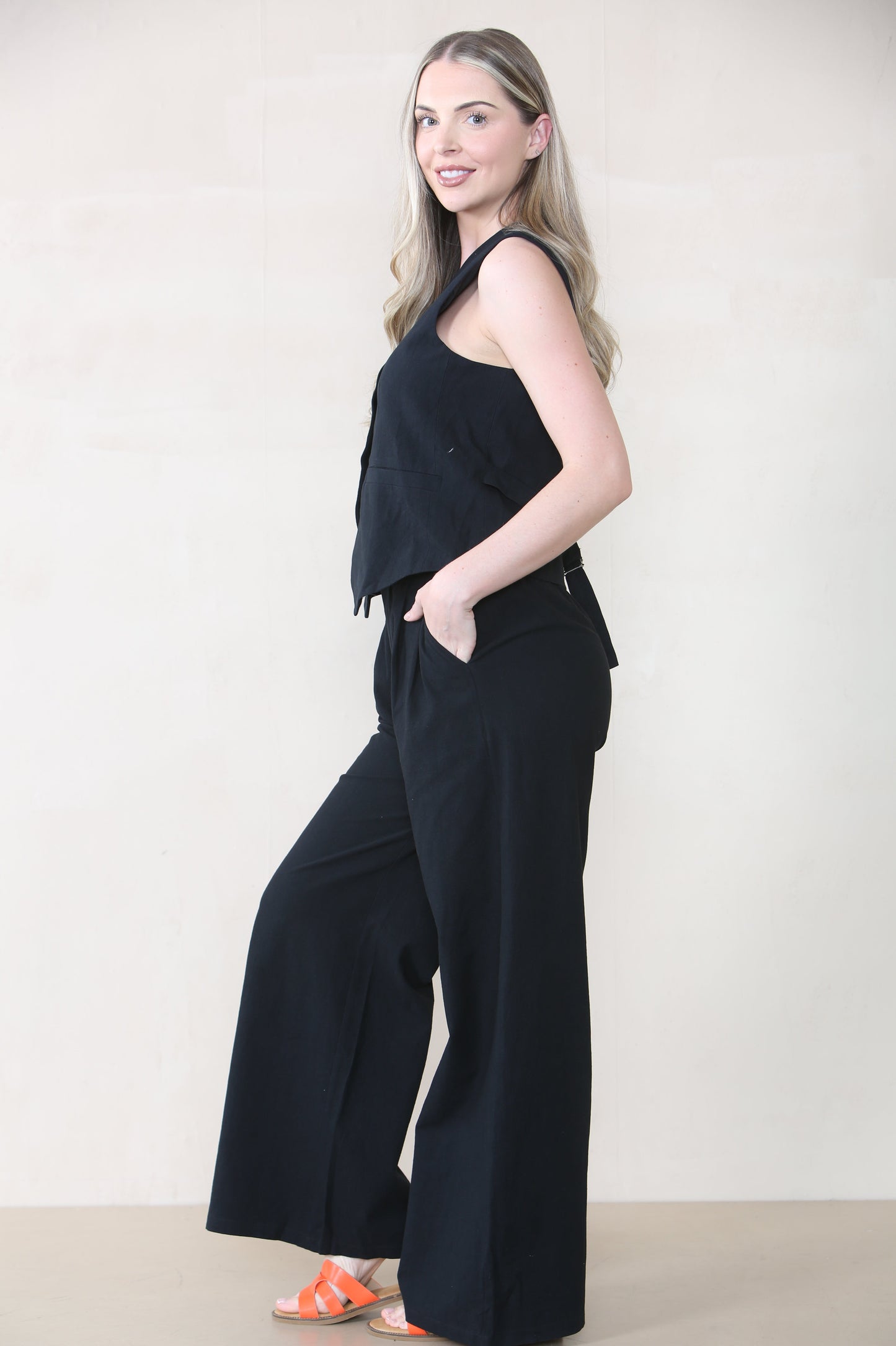 Commuter V Neck Sleeveless Button Top & Wide Leg Trousers Co-ord
