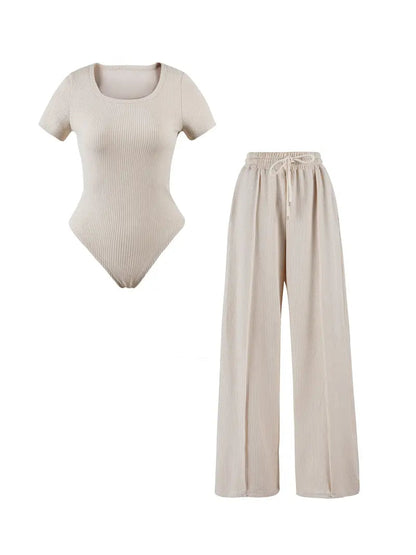 Trendy Square Neck Shaping Bodysuit & Wide Leg Trousers Co-ord