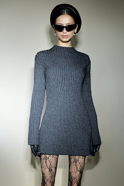 Versatile Knit Crew Neck Cuff Slit Rib Slim Sweater Dress