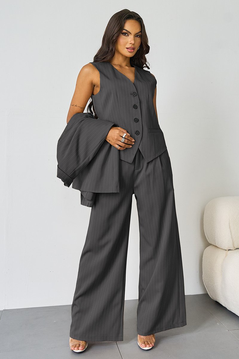 V-Neck Tailored Button Tank & Suiting Pants With Blazer Three-Piece Set