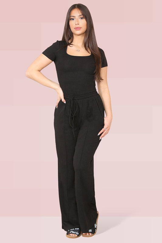 Trendy Square Neck Shaping Bodysuit & Wide Leg Trousers Co-ord