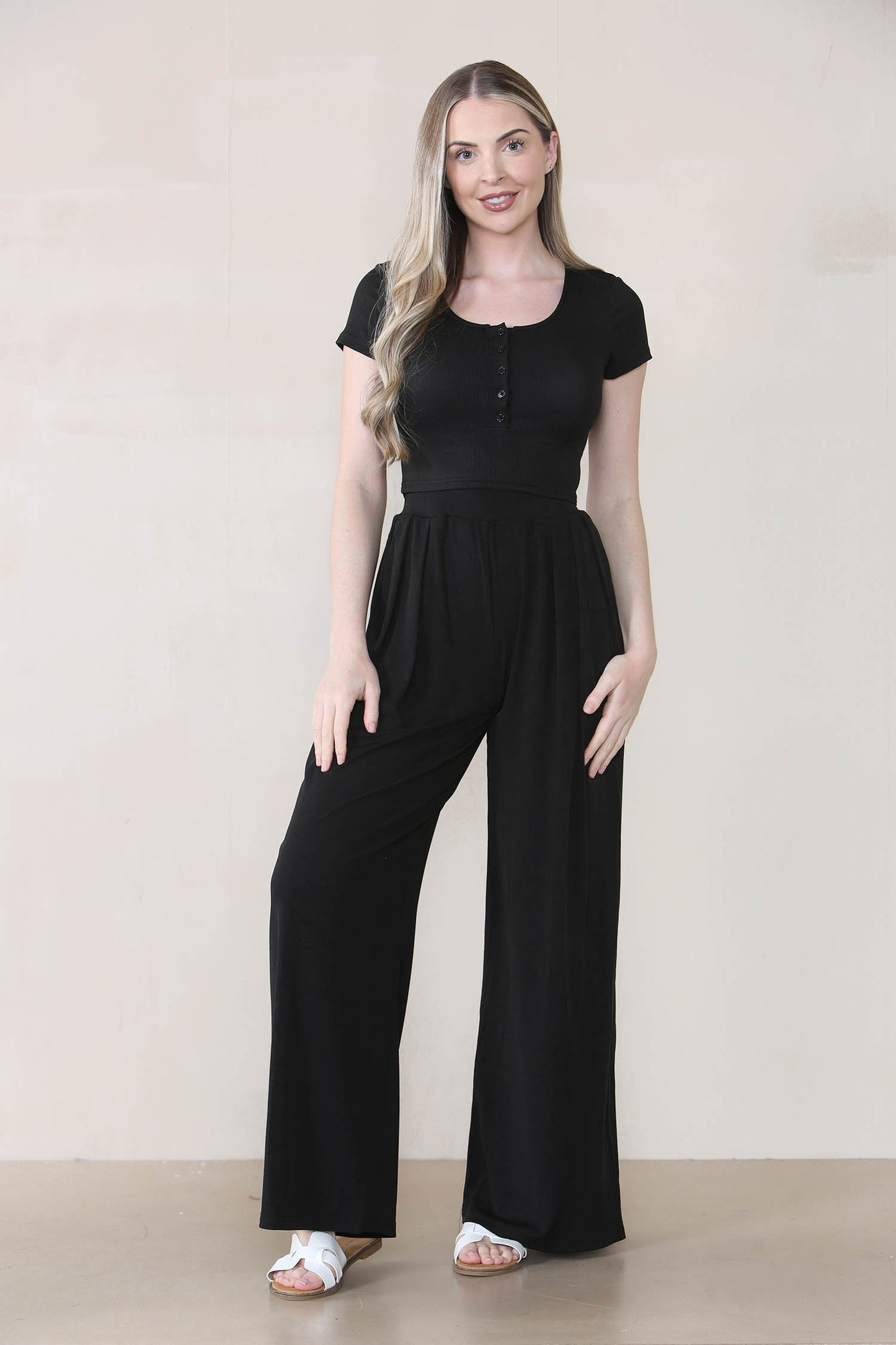 Casual Partial Button Slim Top & Wide Leg Trousers Co-ord