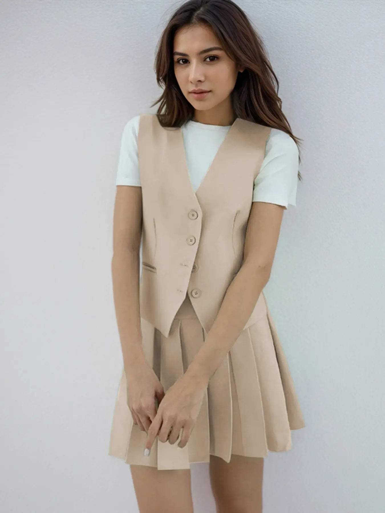 Summer Elegant V Neck Sleeveless Button Tank & Pleated Mini Skirt Co-ord
