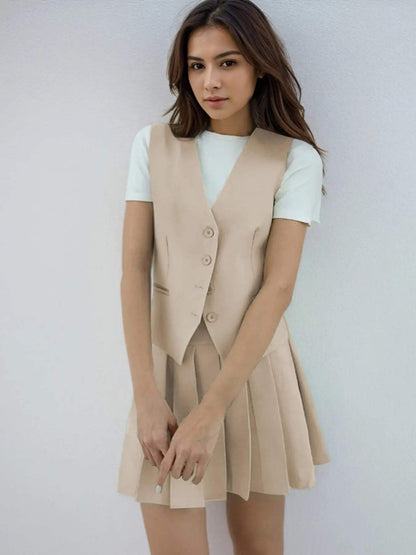 Summer Elegant V Neck Sleeveless Button Tank & Pleated Mini Skirt Co-ord