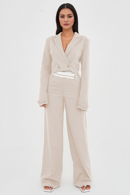 Casual Deep V Button Cropped Blazer & Loose Trousers Co-ord