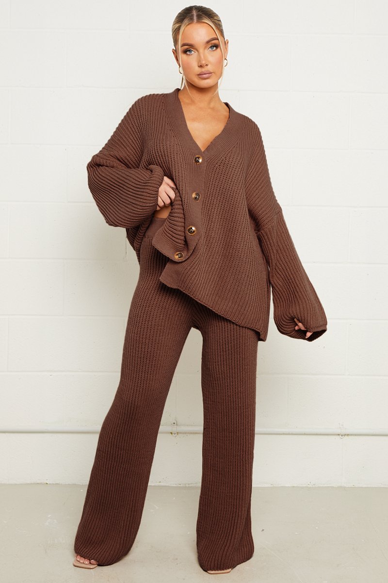 Casual Knit V Neck Cardigan & Loose Trousers Co-ord