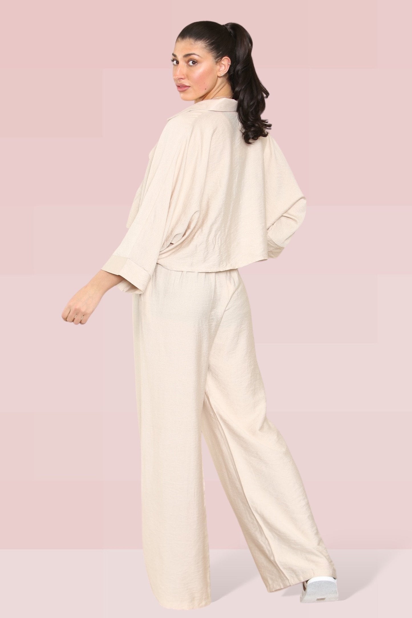 Versatile Long Sleeve Button Crop Shirt & Loose Trousers Co-ord