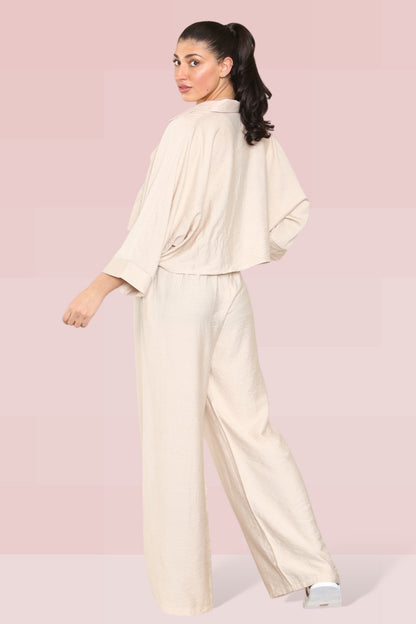 Versatile Long Sleeve Button Crop Shirt & Loose Trousers Co-ord