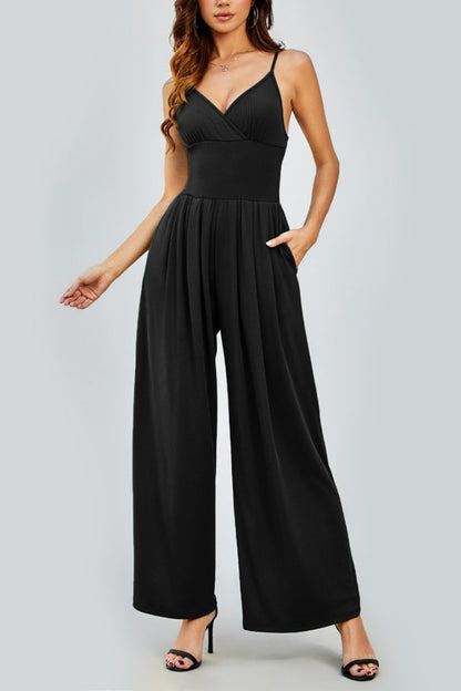 Elegant Spaghetti Strap Thin Waist Wide Leg Jumpsuit