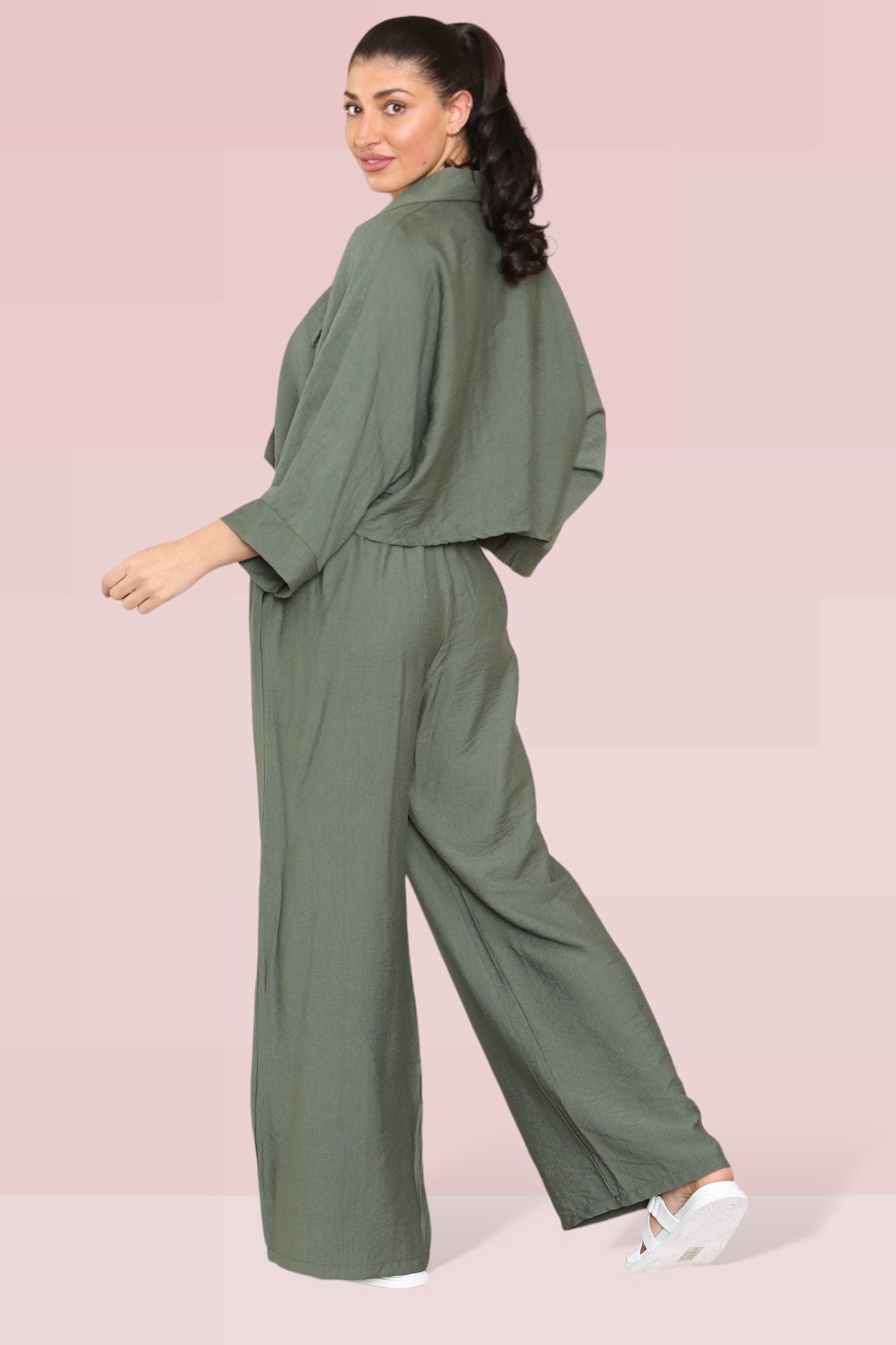 Versatile Long Sleeve Button Crop Shirt & Loose Trousers Co-ord